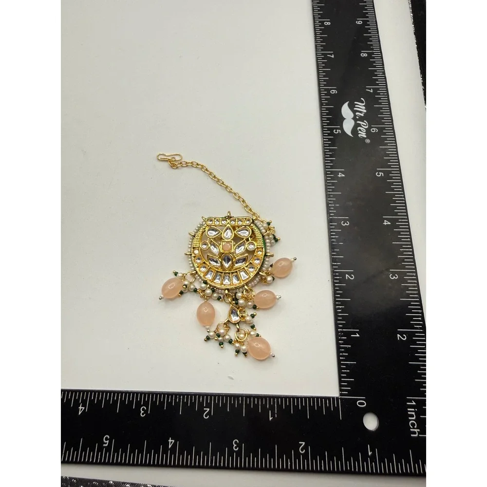Gold Tone Kundan Maang Tikka Peach Bead Pearl Indian Bridal Hair Jewelry